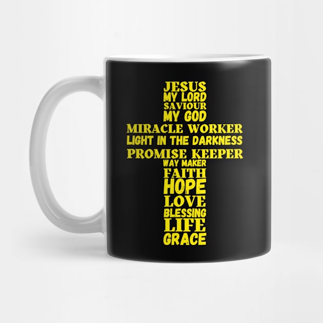 Golden words about Jesus in shape of a cross by Blue Butterfly Designs 